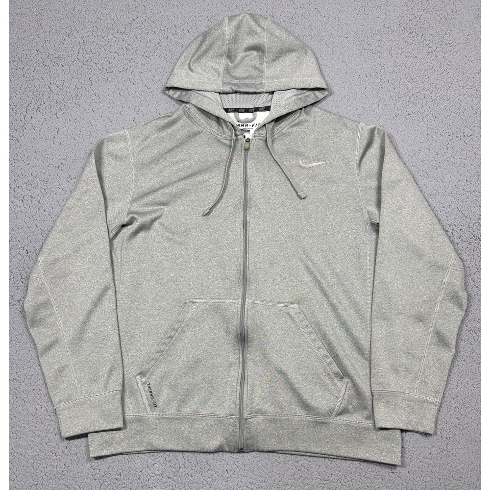 Nike Therma-FIT Hoodie Mens Large Gray Full Zip Fleece Kangaroo Pocket Logo